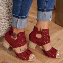 Load image into Gallery viewer, Vintage Hollow Out Sandals Mid Heel Summer Slip-On Buckle Shoes Artificial Open Toe Casual Wedding Hollow Out Lace Closure Low Heels Sandals For Women Peep Toe Comfort Non-Slip Flat Sandals