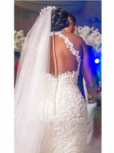 Load image into Gallery viewer, Vintage Lace Beaded Mermaid Wedding Dress - Sheer Neck Bridal Gown