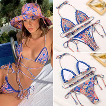 Load image into Gallery viewer, Vintage Print Bikini Female Handwork Small Ruffle Swimming Suit For Women Swimwear High Cut Bikini Set String Print Halter String Triangle Bikini Set Luxury Swimwear Two Piece Swimsuit