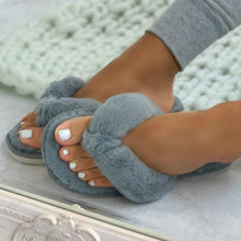 Load image into Gallery viewer, Warm Fluffy Slippers Women Cozy Faux Fur Cross Indoor Floor Slides Flat Soft Furry Flip Flops Fuzzy Slippers Cross Band Fluffy Slippers Faux Fur Slippers Plush House Open Toe Cozy Slippers For Women