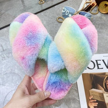 Load image into Gallery viewer, Warm Fluffy Slippers Women Cozy Faux Fur Cross Indoor Floor Slides Flat Soft Furry Flip Flops Fuzzy Slippers Cross Band Fluffy Slippers Faux Fur Slippers Plush House Open Toe Cozy Slippers For Women