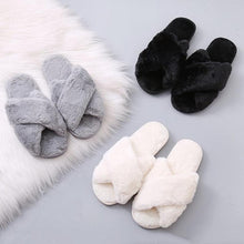 Load image into Gallery viewer, Warm Fluffy Slippers Women Cozy Faux Fur Cross Indoor Floor Slides Flat Soft Furry Flip Flops Fuzzy Slippers Cross Band Fluffy Slippers Faux Fur Slippers Plush House Open Toe Cozy Slippers For Women