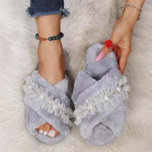 Load image into Gallery viewer, Warm Fluffy Slippers Women Cozy Faux Fur Cross Indoor Floor Slides Flat Soft Furry Flip Flops Fuzzy Slippers Cross Band Fluffy Slippers Faux Fur Slippers Plush House Open Toe Cozy Slippers For Women