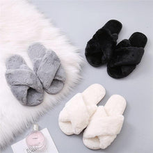 Load image into Gallery viewer, Warm Fluffy Slippers Women Cozy Faux Fur Cross Indoor Floor Slides Flat Soft Furry Flip Flops Fuzzy Slippers Cross Band Fluffy Slippers Faux Fur Slippers Plush House Open Toe Cozy Slippers For Women