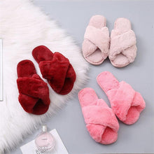 Load image into Gallery viewer, Warm Fluffy Slippers Women Cozy Faux Fur Cross Indoor Floor Slides Flat Soft Furry Flip Flops Fuzzy Slippers Cross Band Fluffy Slippers Faux Fur Slippers Plush House Open Toe Cozy Slippers For Women