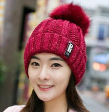 Load image into Gallery viewer, Warm Winter Skellies Beanies Knitted Hat Women Brand High Quality Winter Women Ball Ski Wool Fur Hat Pompoms Hats Knitted Scarf Women's Winter Beanie Hat, Warm Fleece Lined Knitted Soft Ski Cuff Cap with Pompom