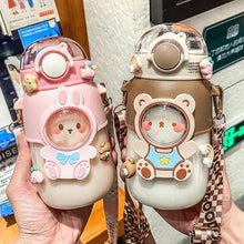 Load image into Gallery viewer, Water Bottle For Children 700ML Cute Stickers With Straw Temperature Kawaii Plastic Cup Portable Student School Bottle Girl Boy Water Bottles with Straw and Strap Cute Water Bottles Cartoon Animal Plastic Drinking Bottle Leakproof Water Bottle