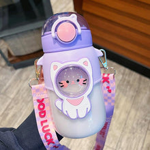 Load image into Gallery viewer, Water Bottle For Children 700ML Cute Stickers With Straw Temperature Kawaii Plastic Cup Portable Student School Bottle Girl Boy Water Bottles with Straw and Strap Cute Water Bottles Cartoon Animal Plastic Drinking Bottle Leakproof Water Bottle