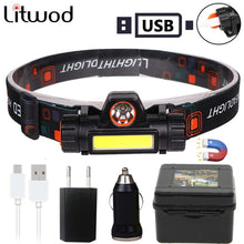Load image into Gallery viewer, Waterproof 2 Light Mode USB LED Headlight With Magnet Rechargeable Headlamp Built-in 18650 Battery Flashlight COB Work Light For Outdoor Camping Cycling Fishing Headlamp Flashlight