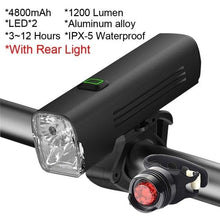 Load image into Gallery viewer, Waterproof Bike Light Set USB High/Low Beam Bicycle Lamp Headlight LED Cycling Flashlight Super Bright Bicycle Front Headlight 5 Light Modes Large Capacity Battery With Power Bank Function 1000 Lumen