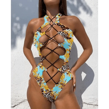 Load image into Gallery viewer, White One Piece Women Fashion Lace-up Plunge Swimsuit Sleeveless Solid Swimwear For Girls