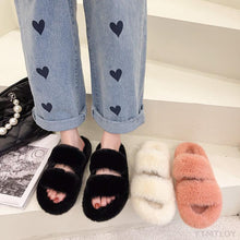 Load image into Gallery viewer, Winter Women House Furry Slippers Fashion Faux Fur Warm Shoes Slip On Flats Home Slides Plush Indoor Furry Cozy Open Toe House Shoes Indoor Outdoor Faux Fur Warm Comfy Slippers