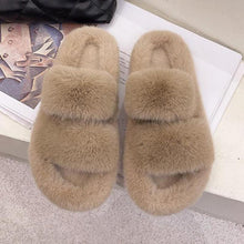 Load image into Gallery viewer, Winter Women House Furry Slippers Fashion Faux Fur Warm Shoes Slip On Flats Home Slides Plush Indoor Furry Cozy Open Toe House Shoes Indoor Outdoor Faux Fur Warm Comfy Slippers