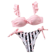 Load image into Gallery viewer, Women 2Pcs Summer Beach Bathing Suit Bowknot Ruffle Sleeve Crop Tops Striped Print Swimsuit Bikini Sets 2 Piece Ruffled V Neck Bathing Suits Summer Swimwear
