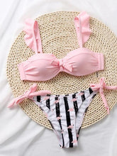 Load image into Gallery viewer, Women 2Pcs Summer Beach Bathing Suit Bowknot Ruffle Sleeve Crop Tops Striped Print Swimsuit Bikini Sets 2 Piece Ruffled V Neck Bathing Suits Summer Swimwear