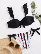 Load image into Gallery viewer, Women 2Pcs Summer Beach Bathing Suit Bowknot Ruffle Sleeve Crop Tops Striped Print Swimsuit Bikini Sets 2 Piece Ruffled V Neck Bathing Suits Summer Swimwear