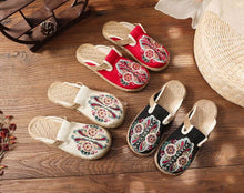 Load image into Gallery viewer, Women Casual Linen Handmade Mules Flat Slippers Retro Vegan Summer Canvas Comfortable Espadrille New Women Shoes Slides Flat Summer Style Handmade Retro Slippers
