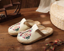 Load image into Gallery viewer, Women Casual Linen Handmade Mules Flat Slippers Retro Vegan Summer Canvas Comfortable Espadrille New Women Shoes Slides Flat Summer Style Handmade Retro Slippers