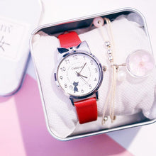Load image into Gallery viewer, Women Charming Watch Set Pink Leather Strap Student Watch Children Black Cat Leather Strap And Round Dial Quartz Watches For Women Cat Dial With Stainless Steel Dial Quartz Watch