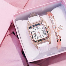 Load image into Gallery viewer, Women Diamond Watch Starry Square Dial Bracelet Watches Set Ladies Leather Band Quartz Wristwatch Minimalist Transparent Leather Watch For Girls Band Casual Analog Quartz Ladies Watch
