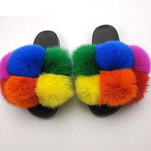 Load image into Gallery viewer, Women Fox Fur Slides Home Beautiful Flat Sandals Female Cute Fluffy House Woman Fur Fluffy Slippers Furry Slides Summer Sandals Open Toe Indoor Outdoor Comfortable Slides Sandals