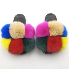 Load image into Gallery viewer, Women Fox Fur Slides Home Beautiful Flat Sandals Female Cute Fluffy House Woman Fur Fluffy Slippers Furry Slides Summer Sandals Open Toe Indoor Outdoor Comfortable Slides Sandals