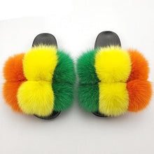 Load image into Gallery viewer, Women Fox Fur Slides Home Beautiful Flat Sandals Female Cute Fluffy House Woman Fur Fluffy Slippers Furry Slides Summer Sandals Open Toe Indoor Outdoor Comfortable Slides Sandals