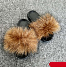 Load image into Gallery viewer, Women Fox Fur Slides Home Beautiful Flat Sandals Female Cute Fluffy House Woman Fur Fluffy Slippers Furry Slides Summer Sandals Open Toe Indoor Outdoor Comfortable Slides Sandals