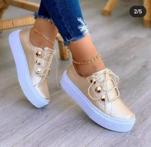 Load image into Gallery viewer, Women Gold Sneakers White Round Head Platform Causal Sports Cute Pink Fashion Flats Exclusive Women's Cult Fashionable High Platform Calf White Sneaker Lace Up Stylish Casual Walking Sneakers