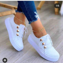 Load image into Gallery viewer, Women Gold Sneakers White Round Head Platform Causal Sports Cute Pink Fashion Flats Exclusive Women's Cult Fashionable High Platform Calf White Sneaker Lace Up Stylish Casual Walking Sneakers