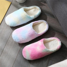 Load image into Gallery viewer, Women Home Slippers With Faux Fur Flats Heel Winter Shoes Keep Warm Shoes For Woman Rainbow Faux Fur Warm Memory Foam Slippers Suede Slip-on Cozy House Shoes Non-Slip Sole