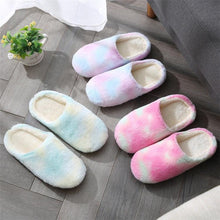 Load image into Gallery viewer, Women Home Slippers With Faux Fur Flats Heel Winter Shoes Keep Warm Shoes For Woman Rainbow Faux Fur Warm Memory Foam Slippers Suede Slip-on Cozy House Shoes Non-Slip Sole