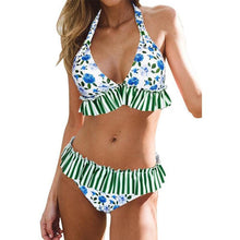 Load image into Gallery viewer, Women Low Waist Bikini Ruffle Swimwear Women Print Swimsuit Women's Bikini Swimsuits Ruffle Floral Two Piece Bathing Suits Printed Halter Neck Swimwear Beachwear Push Up Bikinis Two-piece Bathing Suits Beach Wear