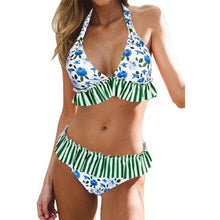 Load image into Gallery viewer, Women Low Waist Bikini Ruffle Swimwear Women Print Swimsuit Women's Bikini Swimsuits Ruffle Floral Two Piece Bathing Suits Printed Halter Neck Swimwear Beachwear Push Up Bikinis Two-piece Bathing Suits Beach Wear