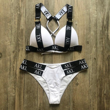 Load image into Gallery viewer, Women Luxury Black White Swimwear Women's Swimming Suit Push Up Bikini Lace Up Bikinis Women Swimsuit Women's Bathing Suits Push Up Halter Bandage Bikini Letter Printing Mini Summer Bikini Set