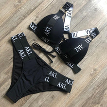 Load image into Gallery viewer, Women Luxury Black White Swimwear Women's Swimming Suit Push Up Bikini Lace Up Bikinis Women Swimsuit Women's Bathing Suits Push Up Halter Bandage Bikini Letter Printing Mini Summer Bikini Set