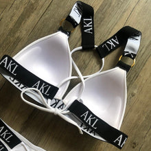 Load image into Gallery viewer, Women Luxury Black White Swimwear Women's Swimming Suit Push Up Bikini Lace Up Bikinis Women Swimsuit Women's Bathing Suits Push Up Halter Bandage Bikini Letter Printing Mini Summer Bikini Set
