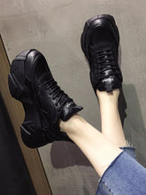 Load image into Gallery viewer, Women Platform Sneakers Leather Casual Ladies Chunky Shoes Woman High Black Fashion Thick Soled Sports Walking Shoes Lace Up Platform Leather Trainers Sneakers