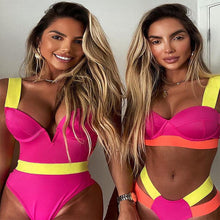 Load image into Gallery viewer, Women Push Up Bikini Women Neon Bandage Swimwear Women Patchwork Bikini Swimsuit 2 Piece Cutout Molded Push Up Bathing Suit Ruffle Hook Closure Bikini Set Two Piece Bathing Suit