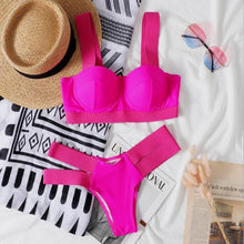 Load image into Gallery viewer, Women Push Up Bikini Women Neon Bandage Swimwear Women Patchwork Bikini Swimsuit 2 Piece Cutout Molded Push Up Bathing Suit Ruffle Hook Closure Bikini Set Two Piece Bathing Suit
