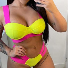 Load image into Gallery viewer, Women Push Up Bikini Women Neon Bandage Swimwear Women Patchwork Bikini Swimsuit 2 Piece Cutout Molded Push Up Bathing Suit Ruffle Hook Closure Bikini Set Two Piece Bathing Suit