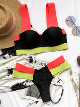 Load image into Gallery viewer, Women Push Up Bikini Women Neon Bandage Swimwear Women Patchwork Bikini Swimsuit 2 Piece Cutout Molded Push Up Bathing Suit Ruffle Hook Closure Bikini Set Two Piece Bathing Suit