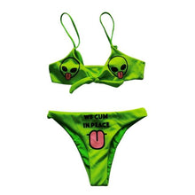 Load image into Gallery viewer, Women’s Funny Printed 2Pcs Bikini Suits Women's Scalloped Triangle Bikini Print Bottom Two Piece Swimsuit Deep V-neck Detachable Breast Pad Sling Tops with Triangle Bottoms Swimsuits