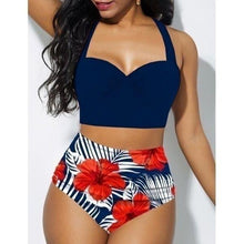 Load image into Gallery viewer, Women's Push Up Padded Bra Bikini Set Women Vintage Tropical Print Swimsuit Retro Halter High Waist Bikinis Bra Set Swimwear Two Piece Bathing Suit High Waist Swimsuit Floral Bathing Suit Swimwear Summer Bathing Suit Beachwear