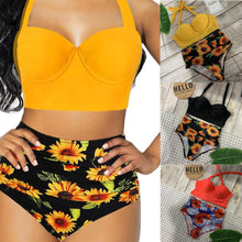 Load image into Gallery viewer, Women's Push Up Padded Bra Bikini Set Women Vintage Tropical Print Swimsuit Retro Halter High Waist Bikinis Bra Set Swimwear Two Piece Bathing Suit High Waist Swimsuit Floral Bathing Suit Swimwear Summer Bathing Suit Beachwear