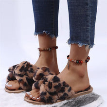 Load image into Gallery viewer, Women Slippers Winter Shoes Home Slippers Faux Fur Slippers Leopard Print Bow Decoration Shoes Faux Fur Slippers Warm Flip Flop House Slippers Open Toe Home Slippers For Girls
