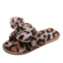 Load image into Gallery viewer, Women Slippers Winter Shoes Home Slippers Faux Fur Slippers Leopard Print Bow Decoration Shoes Faux Fur Slippers Warm Flip Flop House Slippers Open Toe Home Slippers For Girls