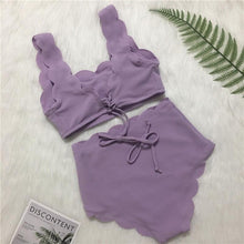Load image into Gallery viewer, Women Solid Swimwear Female Bathing Suit Scalloped High Waist Bikini Set Two Pieces Women's Solid Color Lace-up High Waist Scoop Collar Padded Bathing Suit