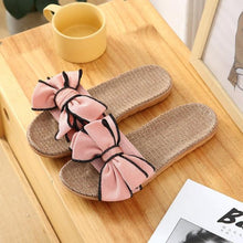 Load image into Gallery viewer, Women Summer Casual Slides Comfortable Flax Slippers Striped Bow Linen Flip Flops Platform Sandals Summer Indoor Slippers Linen Women's Slippers Flower Slippers