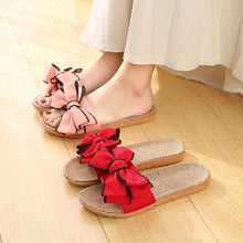 Load image into Gallery viewer, Women Summer Casual Slides Comfortable Flax Slippers Striped Bow Linen Flip Flops Platform Sandals Summer Indoor Slippers Linen Women's Slippers Flower Slippers